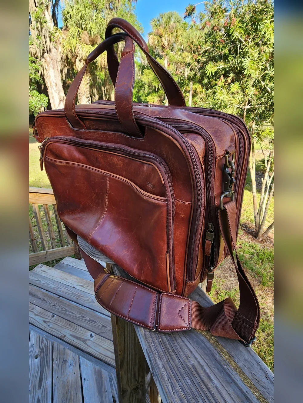 Hartmann Classic Brown Leather Laptop Briefcase with Shoulder Strap